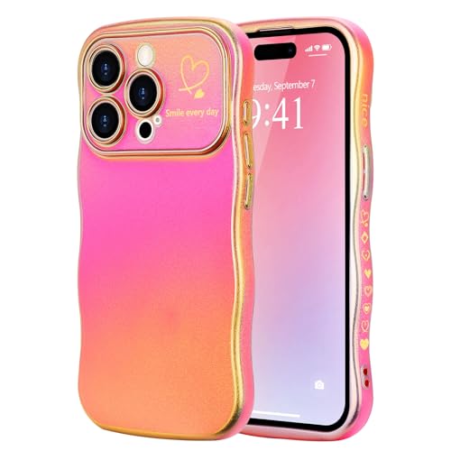 LCHULLE Kompatibel mit iPhone 15 Pro Max Hülle Liebesherz Mädchen Handyhülle Wellen Lockige Form mit erhoben Kameraschutz Luxus Galvanisierte Schutzhülle Case für iPhone 15 Pro Max Buntes Rosarot von LCHULLE
