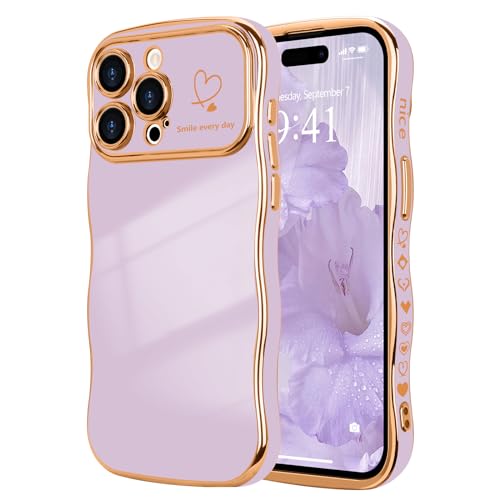 LCHULLE Kompatibel mit iPhone 15 Pro Max Handyhülle Liebesherz Mädchen Hülle Wellen Lockige Form mit erhoben Kameraschutz Luxus Galvanisierte Schutzhülle Girls Case für iPhone 15 Pro Max Helllila von LCHULLE