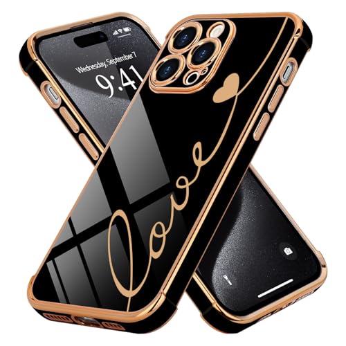 LCHULLE Kompatibel mit iPhone 15 Pro Max Hülle Liebesherz [mit 2 Stück Glas Schutzfolie] Handyhülle Mädchen Kameraschutz Herz Schutzhülle Cute Love Silikon Case für iPhone 15 Pro Max Schwarz von LCHULLE