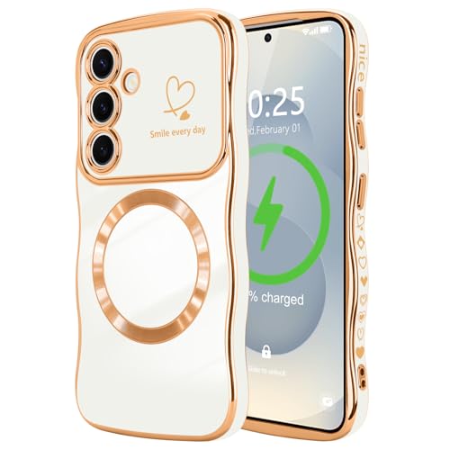 LCHULLE Magnetisch Handyhülle für Samsung Galaxy S25 Hülle [Kompatibel mit Magsafe] Liebesherz Schutzhülle Kameraschutz Wellen Lockige Form Silikon Case für Samsung S25 Weiß von LCHULLE