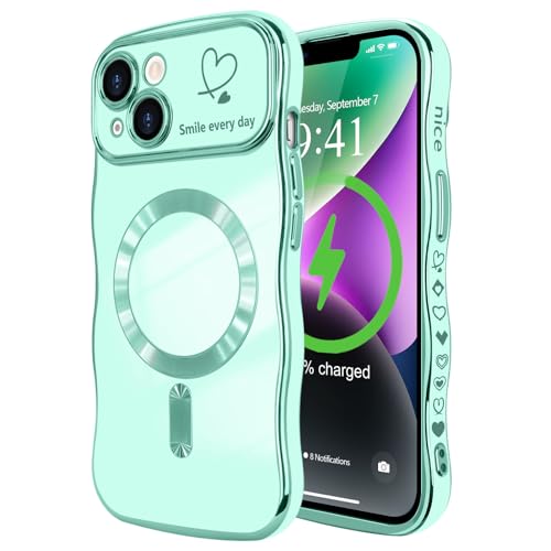 LCHULLE Magnetisch Handyhülle für iPhone 14 Hülle [Kompatibel mit Magsafe] Liebesherz Schutzhülle Kameraschutz Wellen Lockige Form Galvanisch Silikon Case für iPhone 14 Hellgrün von LCHULLE