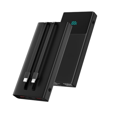 13000mAh Power Bank mit 2 eingebauten Kabeln, Externer Akkus Tragbares Ladegerät PD Schnellladegerät mit LED-Anzeige, Batterie-Pack Backup Ladegerät für iPhone, Android, etc (1-Pack) von LCLEBM