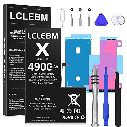 LCLEBM 4900mAh Akku für iPhone X, Hoher Kapazität Li-Ionen-Polymer Akku-Ersatz für iPhone X Modell A1865, A1901, A1902 mit kompletten Reparaturwerkzeugsätze von LCLEBM