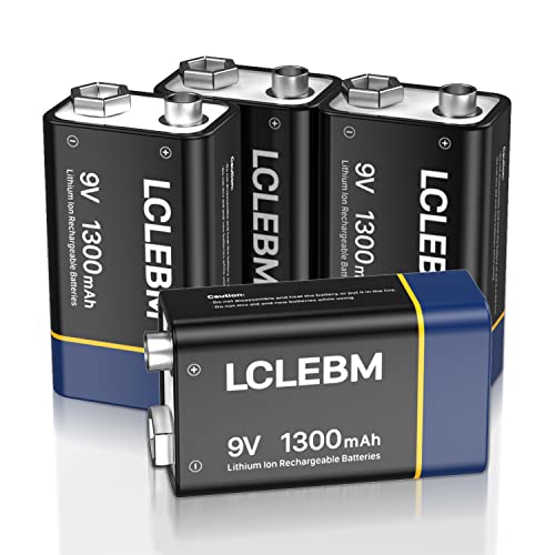 LCLEBM 9V Akku, 1300mAh 9V Block Lithium Akkus, USB-C Ladegerät mit 2-in-1 Ladekabel für Alarme, Drahtlose Mikrofone, Rauchmelder, Spielzeug, Taschenlampen - 4PCS von LCLEBM