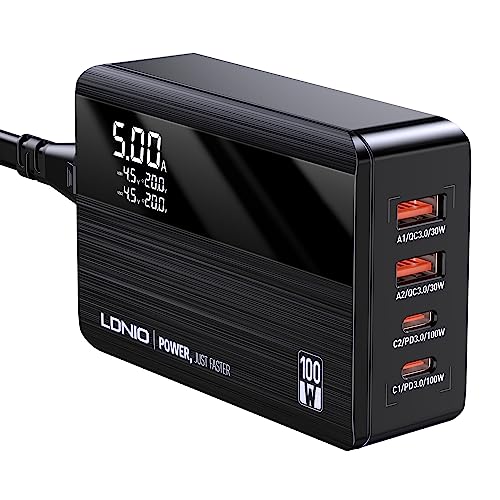 USB C Ladegerät LDNIO 100W 4 Port USB C Netzteil GaN Schnellladegerät mit LED-Anzeige USB C Charger PPS PD3.0 Kompatibel mit MacBook Pro/Air Dell Lenovo HP, iPad Pro, iPhone 14/13/12, Samsung von LDNIO