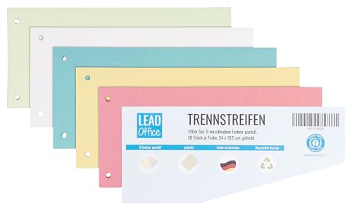 100 Trennstreifen für Ordner A4, Trapezform, Trennblätter aus Recycling-Karton, MADE IN GERMANY, 5 Farben, gelocht von LEAD Office