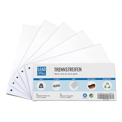 100 Trennstreifen für Ordner A4, Trennblätter aus Recycling-Karton, MADE IN GERMANY, weiß von LEAD Office
