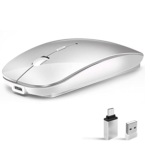Funkmaus 2,4 GHz mit USB Empfänger für Laptop Computer-Wiederaufladbar Kabellose Maus Kompatibel mit Apple MacBook air/pro,iPad,Mac,Chromebook,PC, mit USB C Adapter (Weißsilber) von LEAPEST