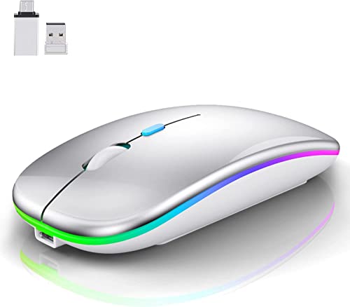 Kabellose Maus für Laptop, Bluetooth-Maus für MacBook Pro/Air/Mac/iPad/Chromebook/Computer, wiederaufladbar, LED, Dual-Modus (USB 2,4 GHz + Bluetooth 5.0), leise Maus mit USB-C-Adapter (Sliverk) von LEAPEST