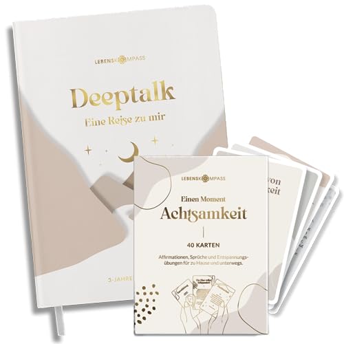 LEBENSKOMPASS® 3 Jahres Tagebuch DEEPTALK Set mit 40 Achtsamkeitskarten mit Affirmationen, Inspirationen und Motivationskarten - Tagebuch Set für Selbstreflexion von LEBENSKOMPASS