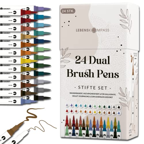 LEBENSKOMPASS Brush Pen Set mit 24 wasserbasierten Dual Brush Pen Stiften - Pinselstifte für: Malbuch für Erwachsene, Handlettering, Kalligraphie & dein Bullet Journal von LEBENSKOMPASS