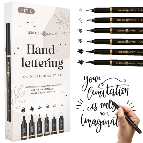 LEBENSKOMPASS Handlettering Stifte Set 6 wasserbasierte Hand Lettering & Kalligraphie Stifte für Anfänger mit 4 versch. Größen - Farbe: Schwarz von LEBENSKOMPASS