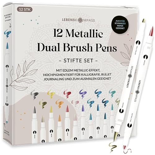 LEBENSKOMPASS Metallic Dual Brush Pen Set mit 12 wasserbasierten bunten Farben für schimmernde Metallic-Effekte Pinselstifte für Malbücher, Handlettering, Kalligraphie & Bullet Journal von LEBENSKOMPASS