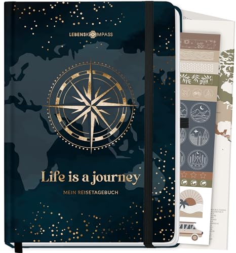 LEBENSKOMPASS Reisetagebuch zum ausfüllen EXPLORE mit Weltkarte Poster A5 Platz für 50 Erinnerungen zum selberschreiben - Reisedokumentation & Achtsamkeitsübungen von LEBENSKOMPASS