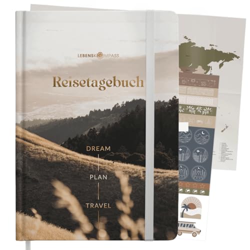 LEBENSKOMPASS Reisetagebuch zum ausfüllen Hills mit Weltkarte Poster A5 Platz für 50 Erinnerungen zum selberschreiben - Reisedokumentation & Achtsamkeitsübungen von LEBENSKOMPASS