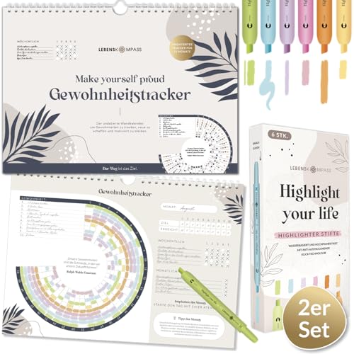 Lebenskompass® Habit Tracker Set: 12 Monate Gewohnheitstracker + 6er Set Textmarker - Tracke deine Fortschritte mit dem undatierten Wandkalender - Mit inspirierenden Zitaten & Tipps für deinen Alltag von LEBENSKOMPASS