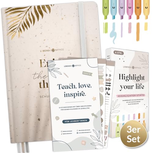 Lebenskompass® Lehrer-Set: Lehrerkalender 2024/2025 "COZY", Textmarker & Sticker – Ideal für Unterrichtsvorbereitung – DIN A4 Planer, 6 Farben Highlighter & über 1000 Sticker für den Lehreralltag von LEBENSKOMPASS