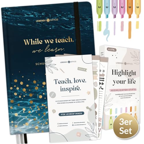 Lebenskompass® Lehrer-Set: Lehrerkalender 2024/2025 "WASSER", Textmarker & Sticker – Ideal für Unterrichtsvorbereitung – DIN A4 Planer, 6 Farben Highlighter & über 1000 Sticker für den Lehreralltag von LEBENSKOMPASS