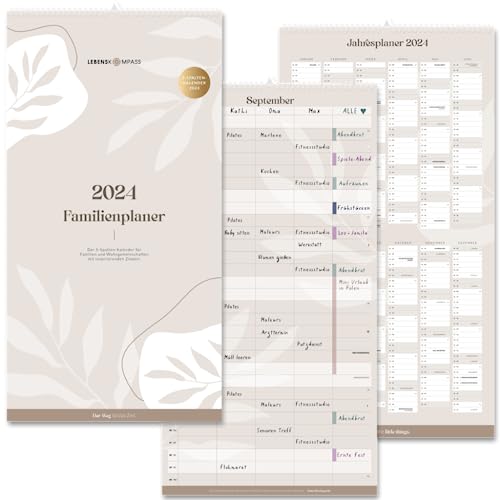 Lebenskompass Familienplaner 2024 mit 5 Spalten - Wandkalender 2024 - mit 1 Monat pro Seite und vielen Extras - Kalender 2024 Familienkalender von LEBENSKOMPASS