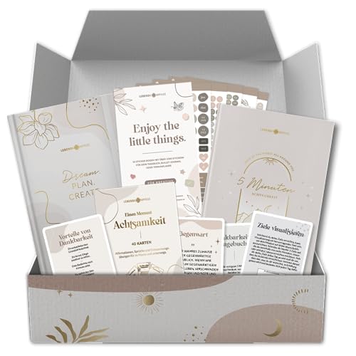 Lebenskompass Geschenkset für Frauen "Achtsamkeit" Box mit 40 Achtsamkeitskarten, 5-Minuten Tagebuch, Bullet Journal & Stickerset - Geschenk für beste Freundin, Schwester, Mama von LEBENSKOMPASS