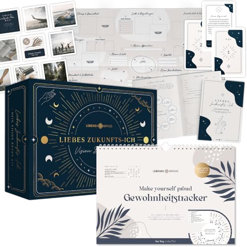 Lebenskompass Habit Tracker + Vision Board Set - 12 Monate Gewohnheitstracker - visualisiere das Leben Deiner Träume mit dem Visionboard "Liebes Zukunfts-Ich" - Geschenke für Frauen & Männer, FreundIn von LEBENSKOMPASS
