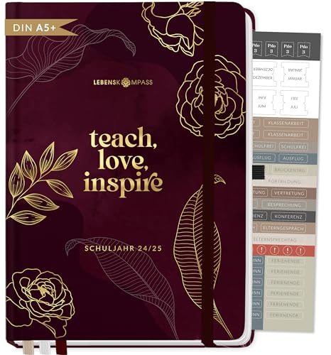 Lebenskompass Lehrerkalender 2024 2025 DIN A5+ ”ROSENBLATT” Hardcover Schulplaner für die Unterrichtsvorbereitung - idealer Planer für Lehrerinnen und Lehrer von LEBENSKOMPASS