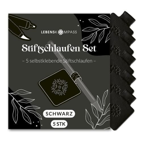 Lebenskompass Stiftschlaufe Selbstklebend Set (5 x Stück Schwarz) aus hochwertigem Veganem PU-Leder Pen Loop & Stifthalterung für Kalender, Bullet Journal und Tagebuch von LEBENSKOMPASS