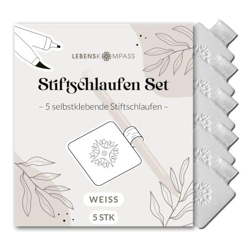 Lebenskompass Stiftschlaufe Selbstklebend Set (5 x Stück Weiß) aus hochwertigem Veganem PU-Leder Pen Loop & Stifthalterung für Kalender, Bullet Journal und Tagebuch von LEBENSKOMPASS