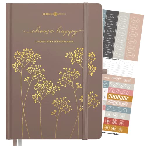 Lebenskompass Terminplaner Undatiert A5 ”BLÜTENGLANZ” - Schöner Hardcover Kalender ohne Datum - Terminkalender mit Stifthalter, Froschtasche + Extras von LEBENSKOMPASS
