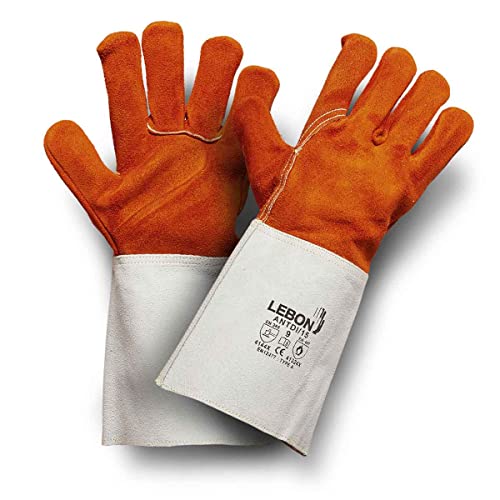 LEBON ANTDI/15 Handschuh, Leder, hitzebeständig, feuerfest, multifunktional (Schweißen, Kamin, Grill..), komplett gefüttert, 1 Paar – Einheitsgröße – Farbe: Orange und Grau von LEBON
