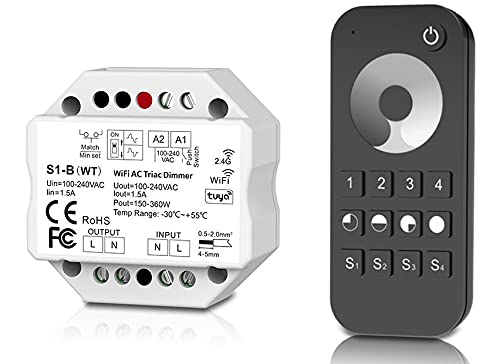 LEDUX Smart Funk-Dimmer-Schalter + WiFi - 230V WiFi Licht-Dimmgerät & TRIAC Lichtsteuerungsmodul - Drahtloser, WLAN-gesteuerter LED-Dimmer (Inkl. Fernbedienung) von LEDUX