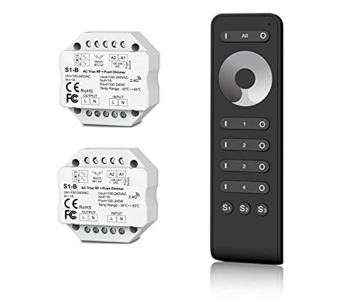 Universal 230V Funk-Dimmer + WiFi 2er-Set mit Gruppenfernbedienung, Steuerung von LED, Halogen, Glühbirnen - elektronischer Dimmer kompatibel mit Tastschalter (2x Dimmer, Unterputz-Dimmer) von LEDUX