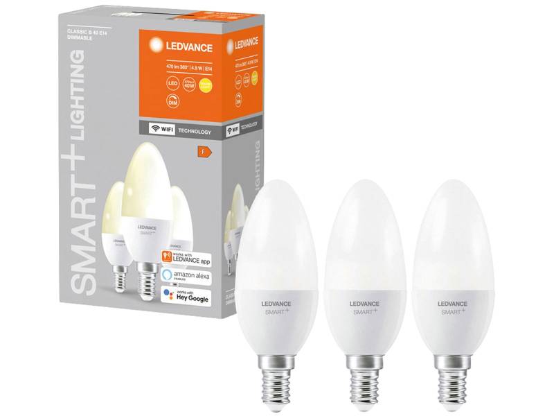 LEDVANCE LED-Lampe SMART+ WiFi Candle, B40, E14, EEK: F, 4,9 W, 470 lm, 2700 K, Smart, 3 Stück von LEDVANCE