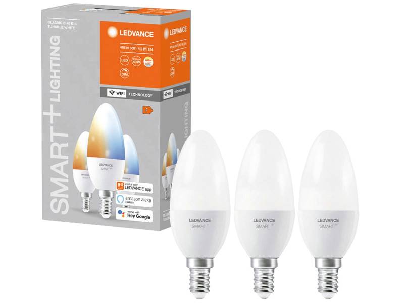 LEDVANCE LED-Lampe SMART+ WiFi Candle, B40, E14, EEK: F, 4,9 W, 470 lm, 2700…6500 K, Smart, 3 Stück von LEDVANCE