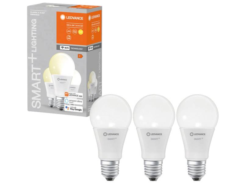 LEDVANCE LED-Lampe SMART+ WiFi Classic, A60, E27, EEK: F, 9,5 W, 1055 lm, 2700 K, Smart, 3 Stück von LEDVANCE