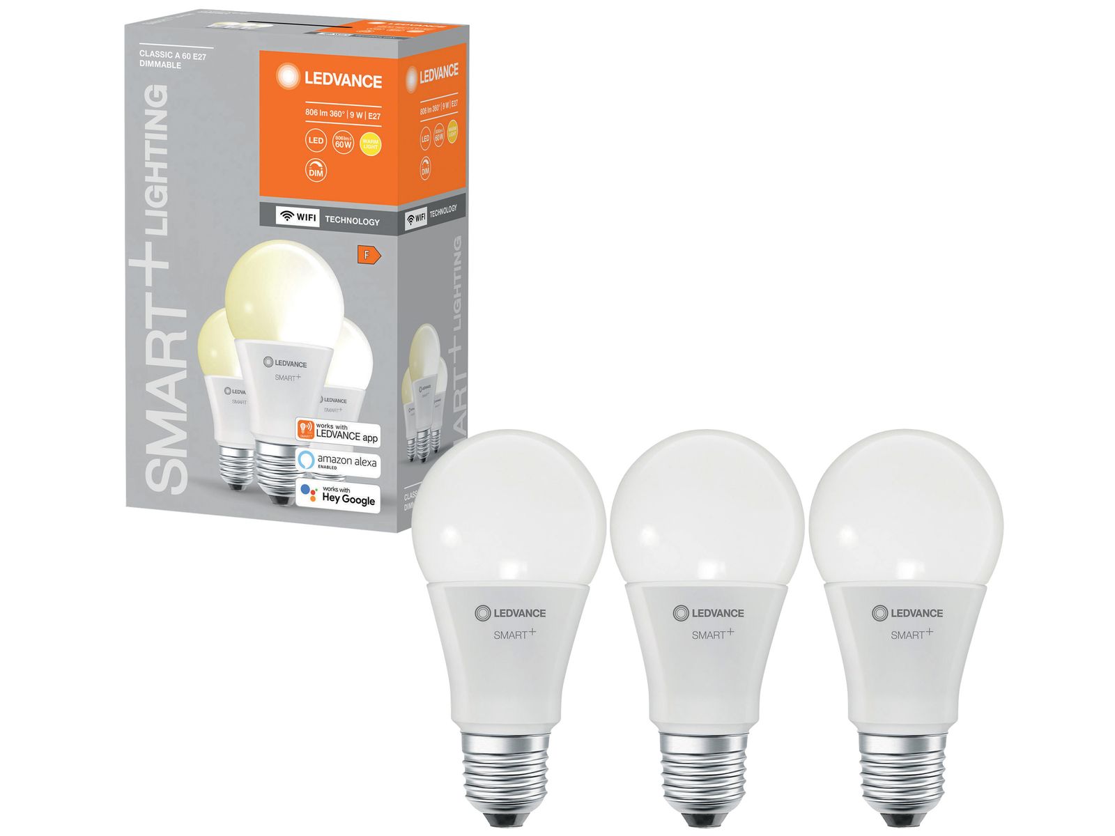 LEDVANCE LED-Lampe SMART+ WiFi Classic, A60, E27, EEK: F, 9 W, 806 lm, 2700 K, Smart, 3 Stück von LEDVANCE