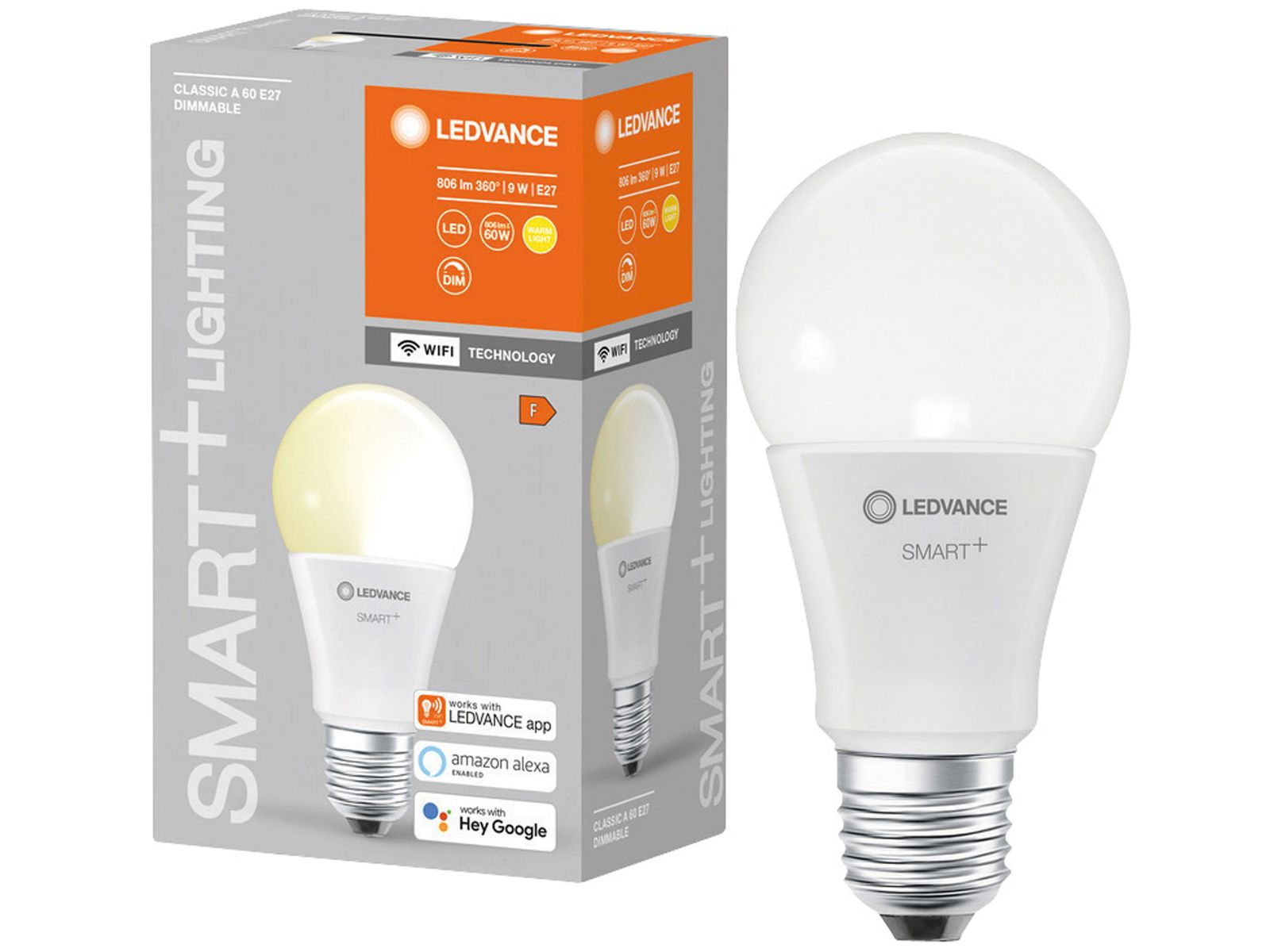 LEDVANCE LED-Lampe SMART+ WiFi Classic, A60, E27, EEK: F, 9 W, 806 lm, 2700 K, Smart von LEDVANCE
