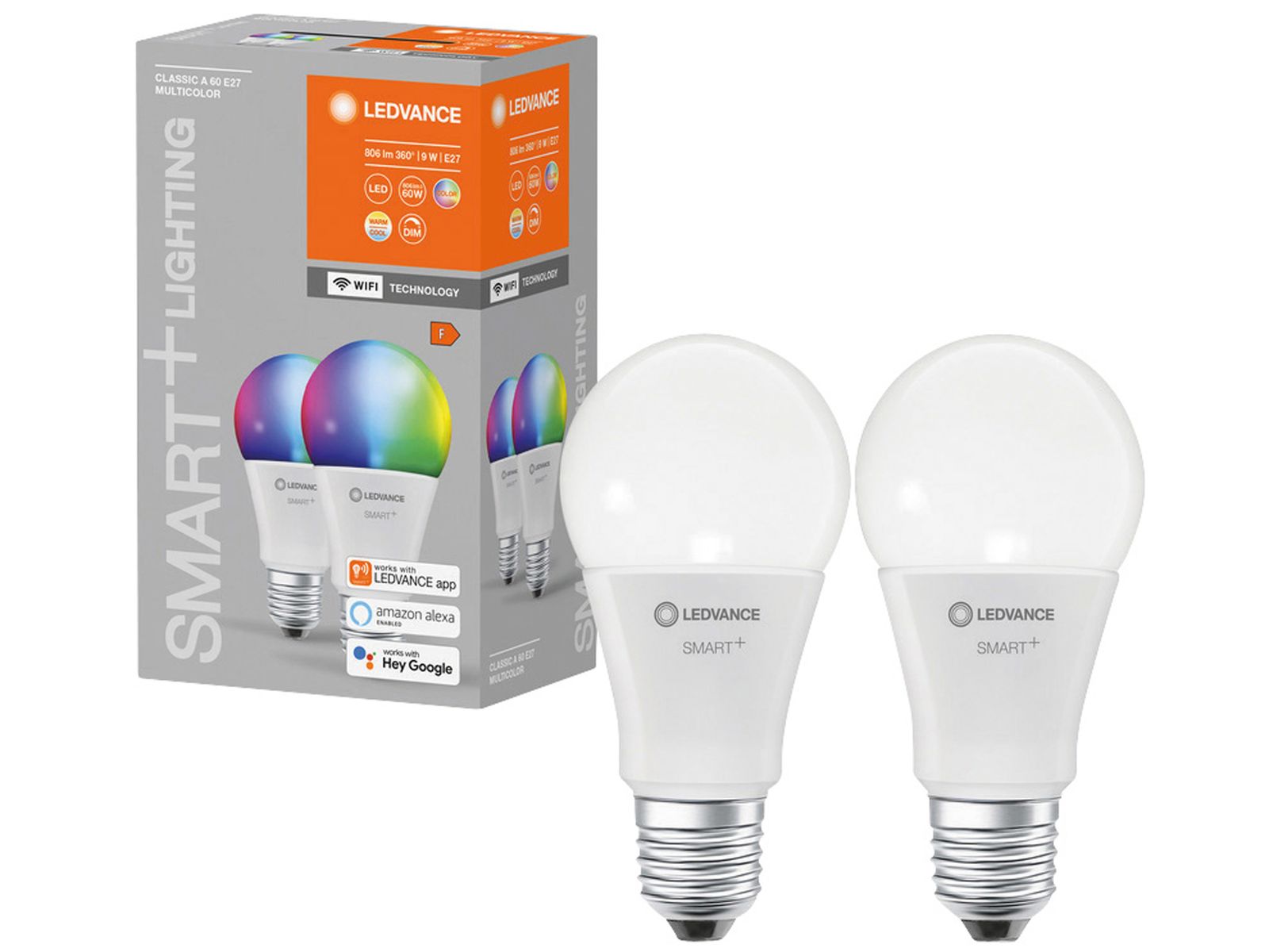 LEDVANCE LED-Lampe SMART+ WiFi Classic, A60, E27, EEK: F, 9 W, 806 lm, 2700…6500 K+RGB, Smart, 2 St von LEDVANCE
