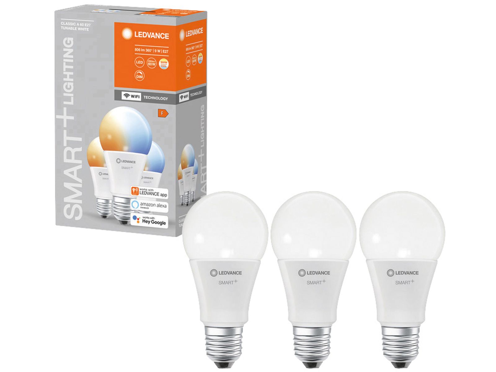 LEDVANCE LED-Lampe SMART+ WiFi Classic, A60, E27, EEK: F, 9 W, 806 lm, 2700…6500 K, Smart, 3 Stück von LEDVANCE