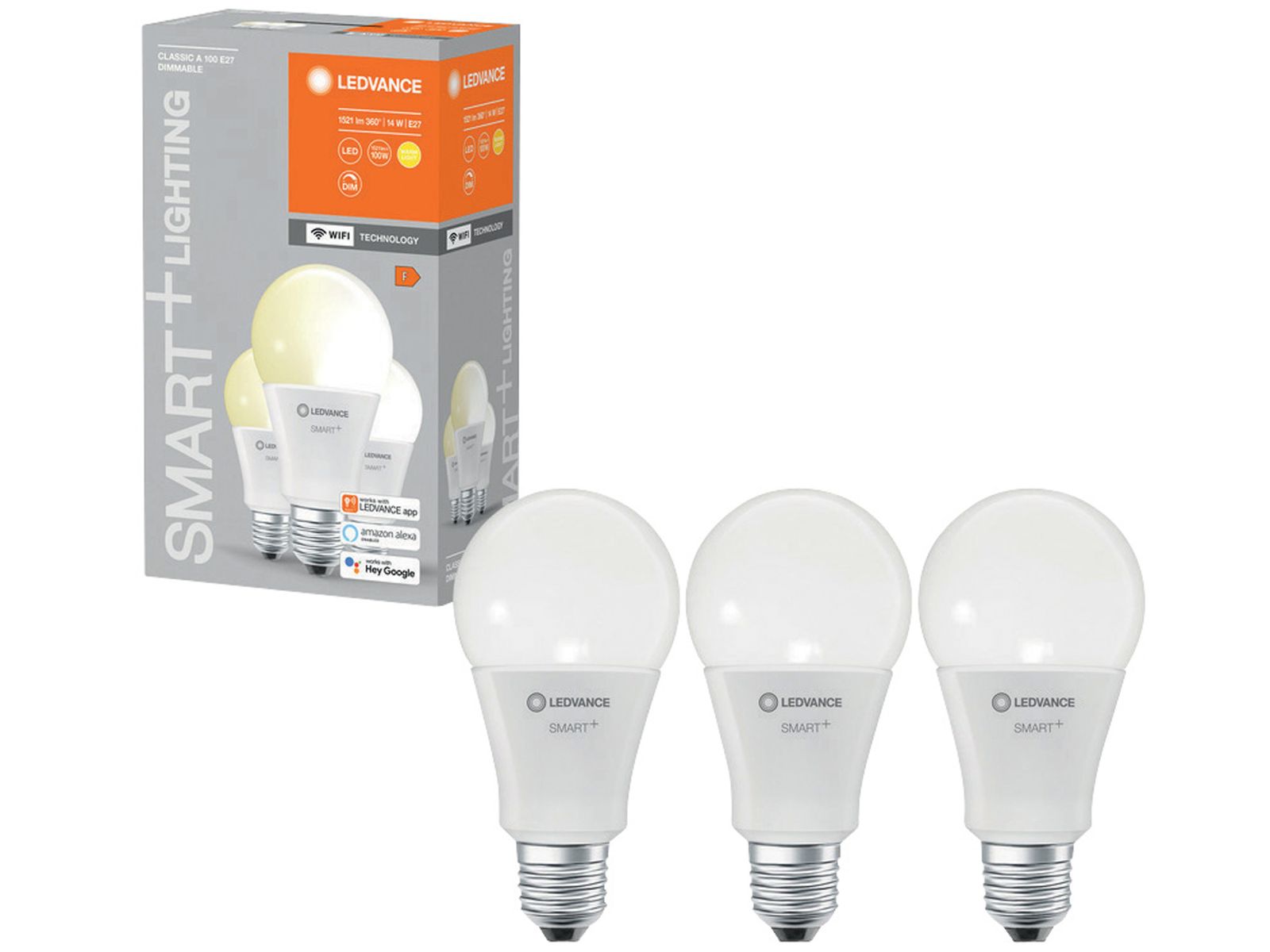 LEDVANCE LED-Lampe SMART+ WiFi Classic, A75, E27, EEK: F, 14 W, 1521 lm, 2700 K, Smart, 3 Stück von LEDVANCE