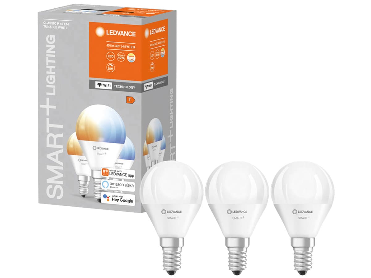 LEDVANCE LED-Lampe SMART+ WiFi Mini bulb, P46, E14, EEK: F, 4,9 W, 470 lm, 2700…6500 K, Smart, 3 St. von LEDVANCE