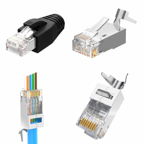 LEENUE 20 Stück RJ45 Stecker CAT 7 Pass Through, Netzwerkstecker CAT7 CAT6A für Verlegekabel, Lan Stecker mit Knickschutz Geschirmte, schwarz von LEENUE