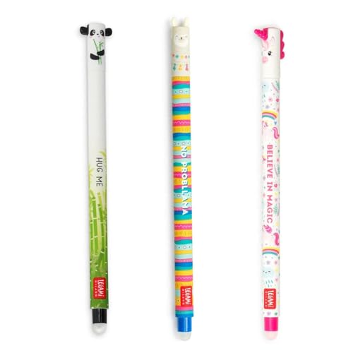 LEGAMI - 3er Set Gel-Radierstifte, Adorable, Stifte mit radierbarer Tinte, Einhorn, Panda und Lama Radierbar ohne Blatt zu verbrauchen, 0,7 mm Spitze von LEGAMI