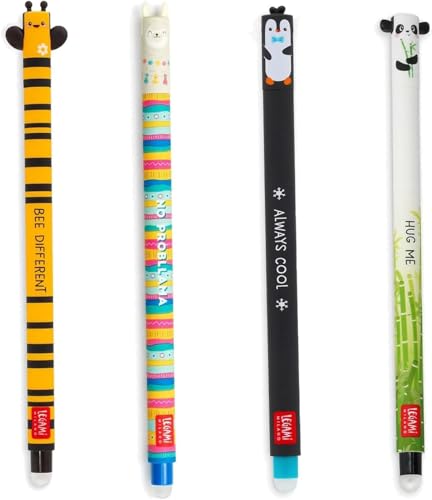 LEGAMI - 4er Set Gel-Radierstifte, Stifte mit radierbarer Tinte, Biene, Lama, Panda und Pinguin, Radierbar ohne Blatt zu verbrauchen, 0,7 mm Spitze von LEGAMI