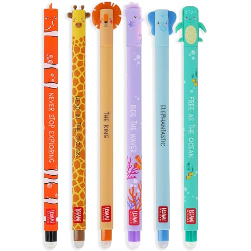 LEGAMI Set mit 6 radierbaren Gelstiften mit thermoempfindlicher Radiertinte, verschiedene Tintenfarben und Schaftdesigns, 0,7 mm Spitze, Savanne + Under the Sea Designs von LEGAMI