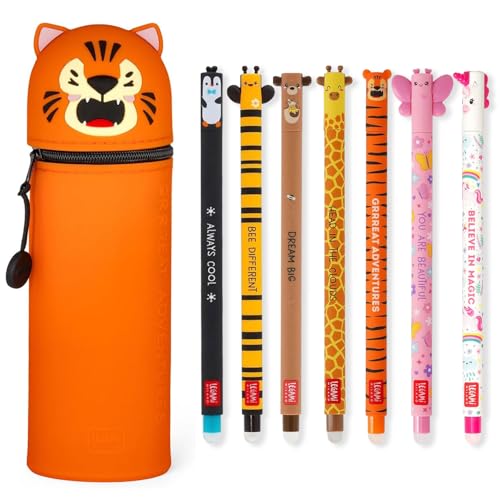 LEGAMI Set mit 7 radierbaren Gelstiften + 2-in-1-Federmäppchen – mit thermoempfindlicher Löschtinte, Tintenfarben und Schaftdesigns, 0,7 mm Spitze, Set 2 (Tiger) von LEGAMI