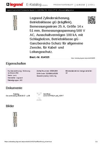 Legrand 014525 Zylindersicherung 25A 500 V/AC 10St. Legrand 014525 Zylindersicherung 25A 500 V/AC 10St. von LEGRAND