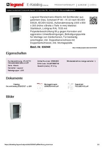 Legrand 036949 Wandschrank 800 x 1000 x 300 Stahl Lichtgrau 1St. von LEGRAND