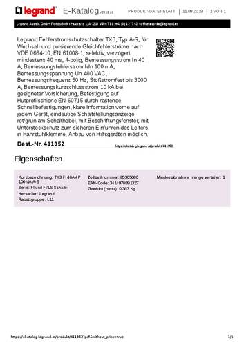 Legrand 411952 411952 FI-Schutzschalter 40A 400V Legrand 411952 411952 FI-Schutzschalter 40A 400V von LEGRAND