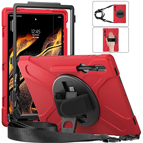 LEHEE Hülle für Samsung Galaxy Tab S8 Ultra, Drehbarer Handschlaufe /360-Grad-Ständer und Schulter Schutz Hülle für Samsung Galaxy Tab S8 Ultra 14.6" X900/X906, Rot von LEHEE